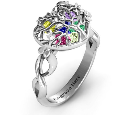 Sterling Silver Family Tree Ring with Infinity Band and 2 Caged Hearts