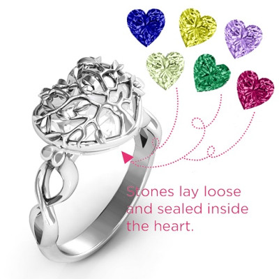 Sterling Silver Family Tree Ring with Infinity Band and 2 Caged Hearts