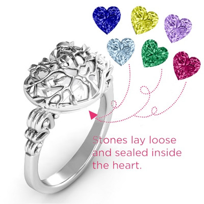 Sterling Silver Family Tree Caged Hearts Butterfly Wings Ring Band