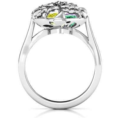 Unique Family Tree Caged Heart Ring with Ski Tip Band