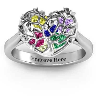 Unique Family Tree Caged Heart Ring with Ski Tip Band
