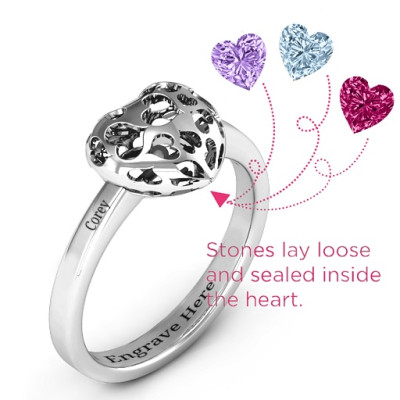 Heart Cut-Out Petite Caged Hearts Engraved Ring with Classic Band