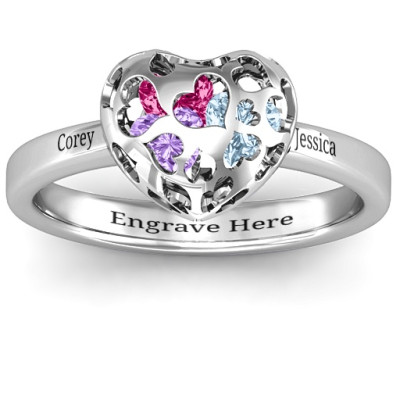 Heart Cut-out Petite Caged Hearts Ring with Classic with Engravings Band With My Engraved