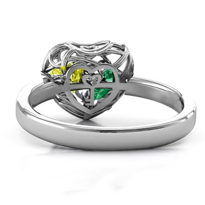 Engraved Petite Caged Hearts Ring with Classic Band and Engravings - "Encased in Love
