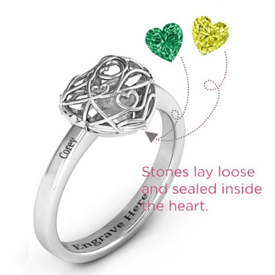 Engraved Petite Caged Hearts Ring with Classic Band and Engravings - "Encased in Love