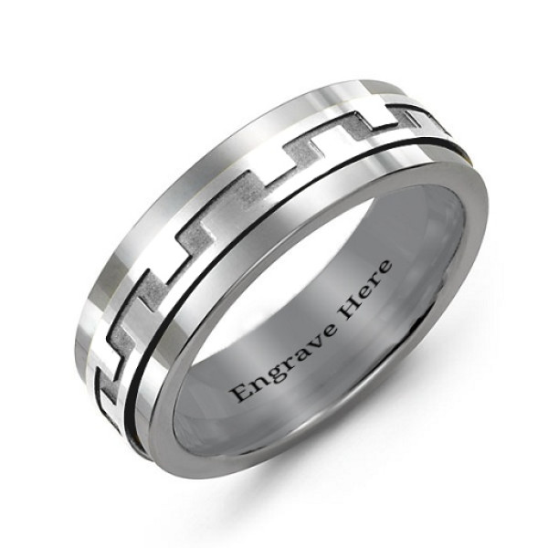 Mens Sterling Silver Modern Tungsten Band Ring with Detailed Design