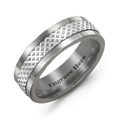 Sterling Silver Men's Tungsten Mesh Inlay Band Ring - By The Name Necklace;