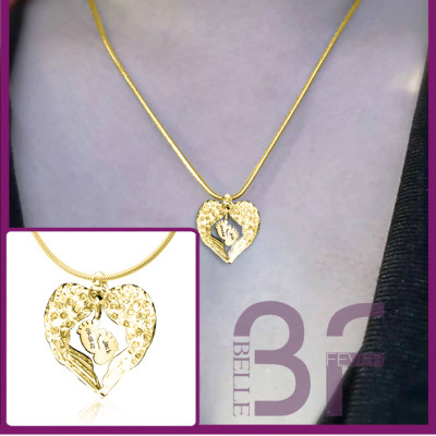 Personalised Angel Heart Necklace with Foot Accent - Gold