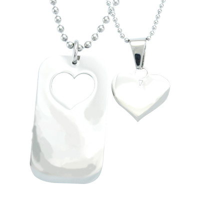 Custom Dog Tag Necklace Set - Silver Stolen Heart Design