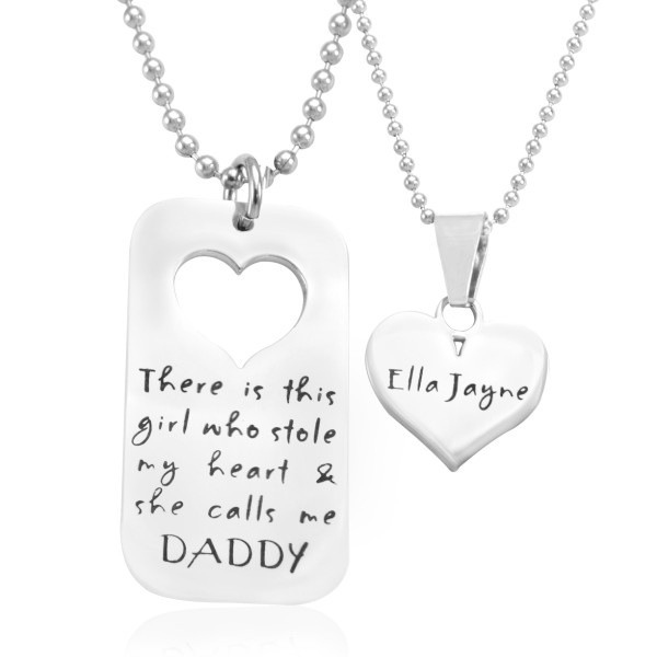 Custom Dog Tag Necklace Set - Silver Stolen Heart Design
