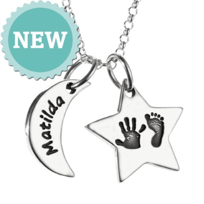 Silver Hand and Footprint Necklace with Moon and Star Charm