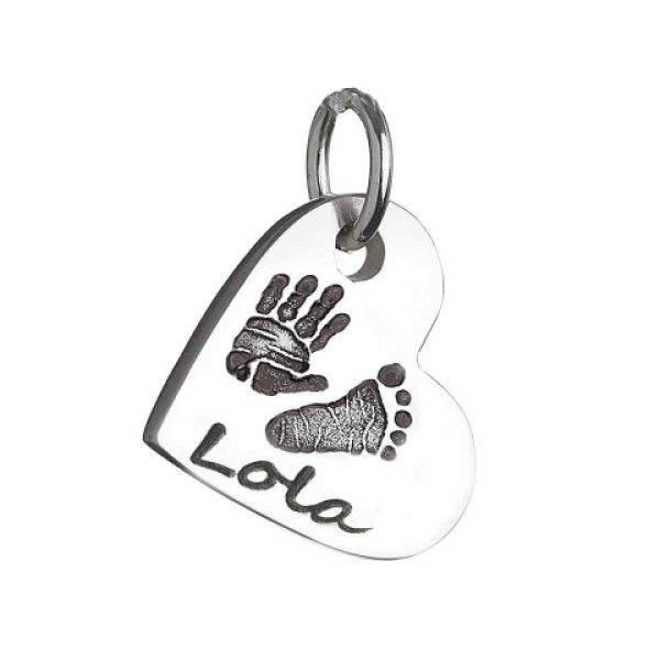 Silver Heart Charm Necklace with Hand/Footprint Design - 925 Sterling Silver