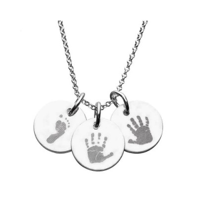 Personalised Handprint/Footprint Sterling Silver Engraved Disc Necklace Gift