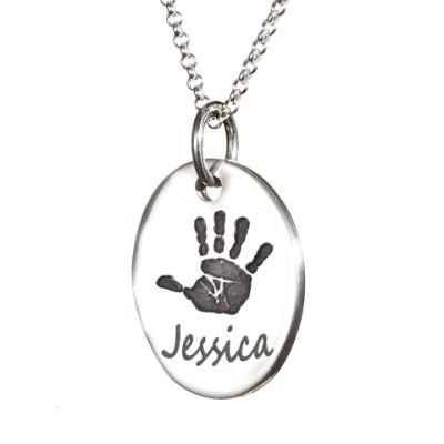 925 Sterling Silver Hand / Footprint Medium Tear-drop Pendant - By The Name Necklace;