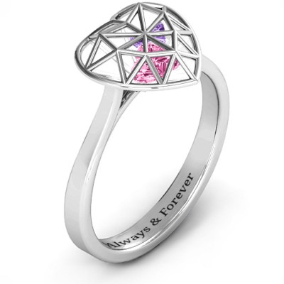 Diamond Heart Cage Ring with Heart Stone Accents