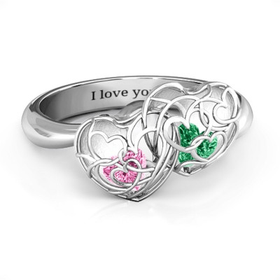 Double Heart Cage Ring with 1-6 Heart Shaped Birthstones  - By The Name Necklace;