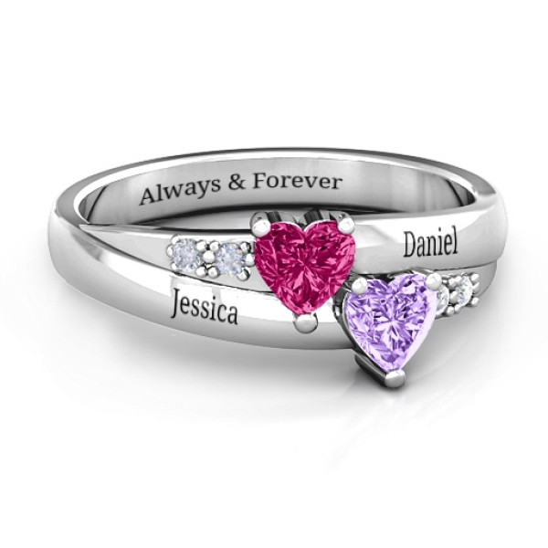 Sterling Silver Double Heart Gemstone Ring with Accent Stones