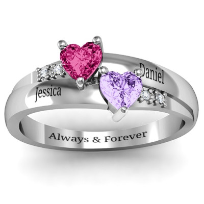 Sterling Silver Double Heart Gemstone Ring with Accent Stones