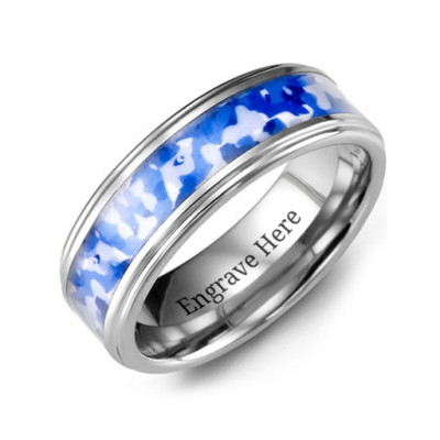 Mens Grooved Tungsten Wedding Band with Royal Blue Camouflage Inlay