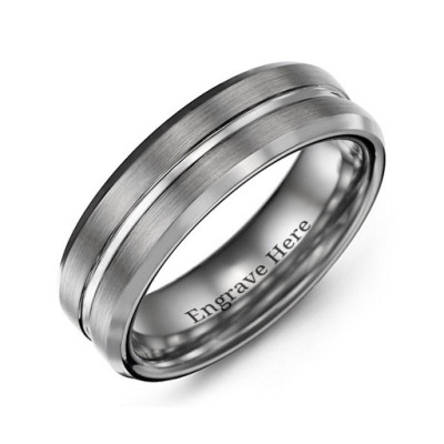 Men's Tungsten Ring with Brushed Groove & Beveled Edge