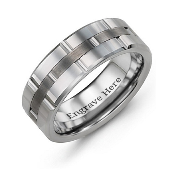 Mens Tungsten Ring with Grooved Layers
