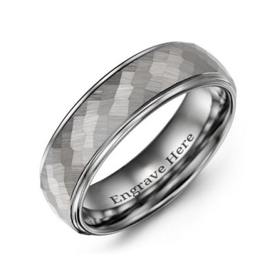 Mens Polished Tungsten Hammered Center Wedding Band Ring