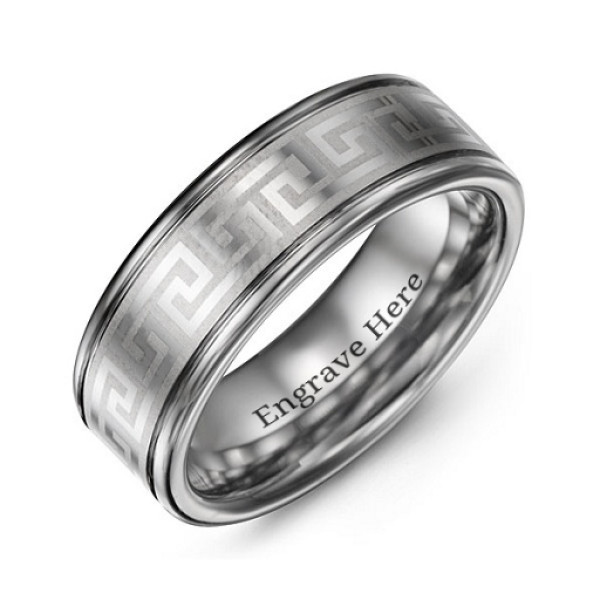 Men's Tungsten Greek Key Ring - Polished Eternal Design