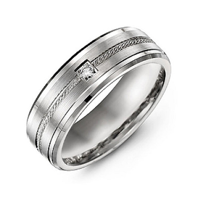 Men's Rope Design Ring with Stone and Beveled Edges