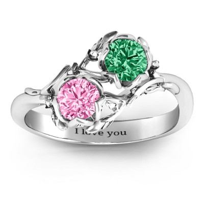 Sterling Silver Floral Ring with Double Gemstone Leaves of Love