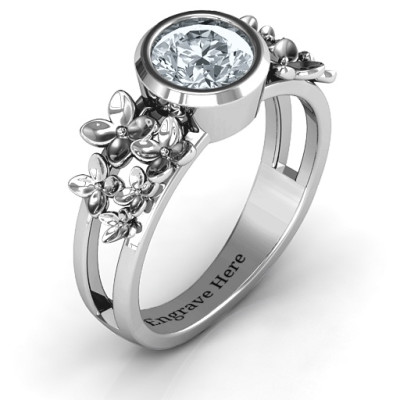 Sterling Silver Blossoms Split Shank Ring w/ Genuine Diamond