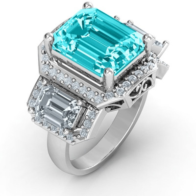 Sterling Silver Emerald Cut Trinity Ring Triple Halo Accent