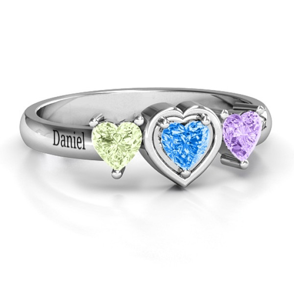 Sterling Silver Heart-Shaped Stone Ring with Twin Heart Accents