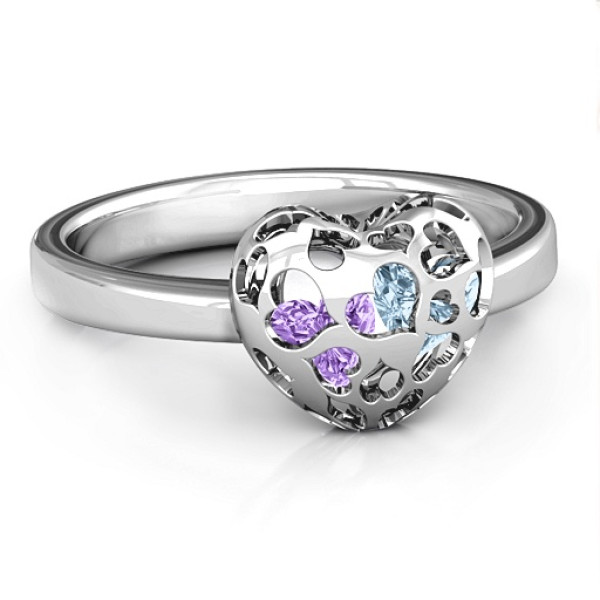 Sterling Silver Petite Ring with 1-3 Caged Hearts Stones