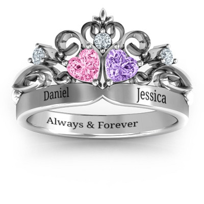 Sterling Silver Royal Romance Double Heart Tiara Ring with Engraved Message - Perfect for Weddings and Anniversaries