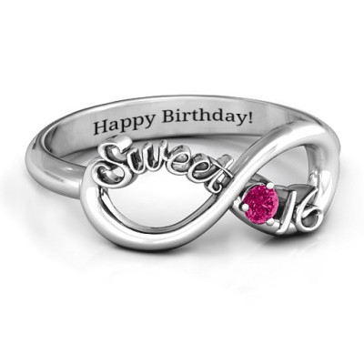 Sterling Silver Sweet 16 with Birthstone Infinity Ring  - By The Name Necklace;