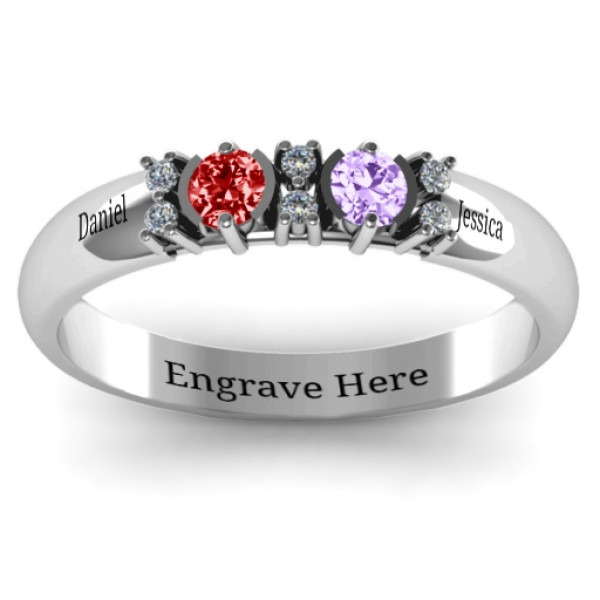 Elegant Twin Accent Sterling Silver Ring with Circular Half Bezel Design