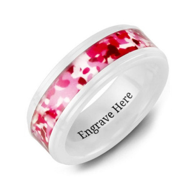 Mens White Ceramic Camouflage Ring with Colorful Centrepiece