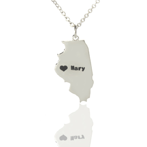 Personalised Silver Illinois State Heart Necklaces With Custom Name