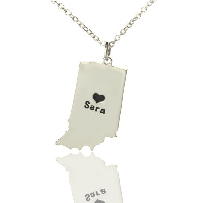 Custom Indiana State Shaped Necklaces With Heart  Name Silver - By The Name Necklace;