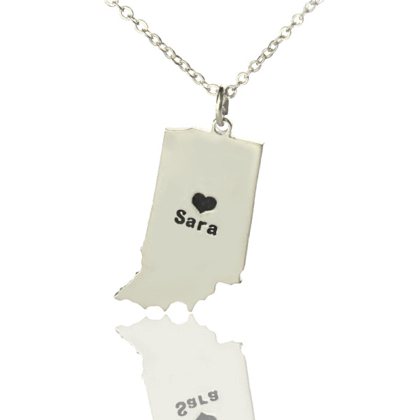 Silver Personalised Indiana State Necklace with Heart Charm
