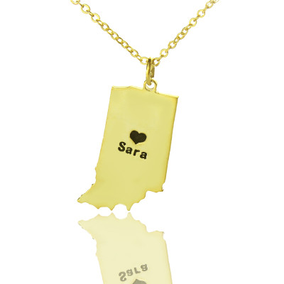 Personalised Indiana State Map Necklace with Heart and Name in Gold Plating