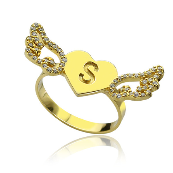Angel Wings Heart Ring with Birthstone  Initial 18ct Gold Plated  - By The Name Necklace;
