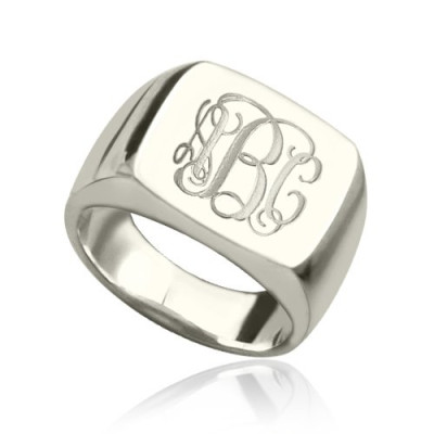Personalised Square Monogram Sterling Silver Ring with Engraved Design