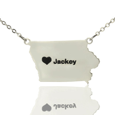 Iowa State USA Map Necklace With Heart  Name Silver - By The Name Necklace;