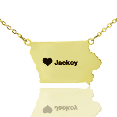 Gold Plated Iowa State USA Map Necklace With Heart