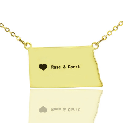 Personalised ND State USA Map Necklace With Heart  Name Gold Plated - By The Name Necklace;