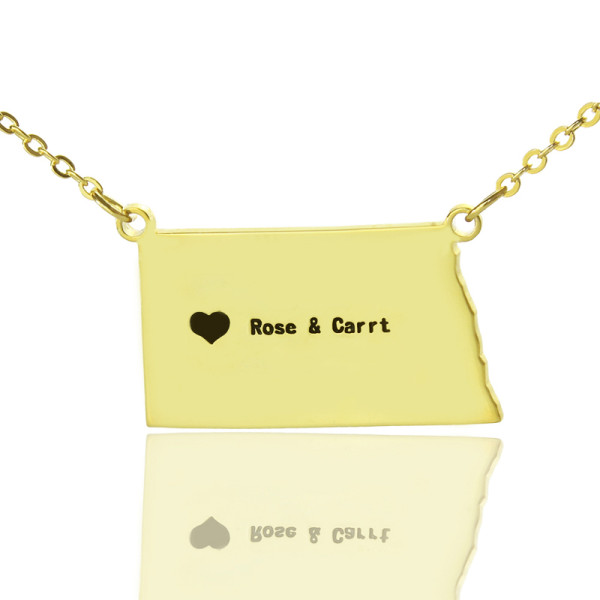 Customisable North Dakota USA Map Necklace with Engraved Name Gold Plated