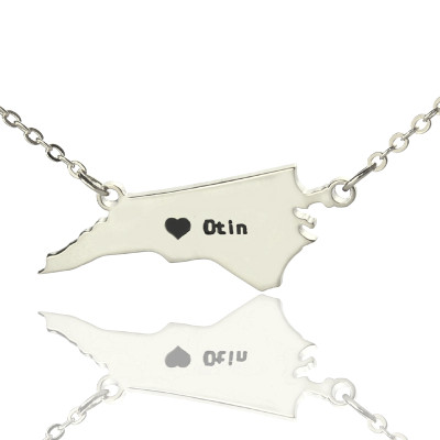 Personalised NC State USA Map Necklace With Heart  Name Silver - By The Name Necklace;