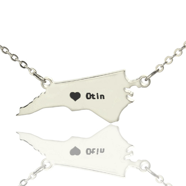 Personalised Sterling Silver USA NC State Map Necklace With Heart Name Customization