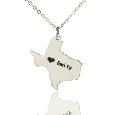 Texas State USA Map Necklace With Heart  Name Silver - By The Name Necklace;
